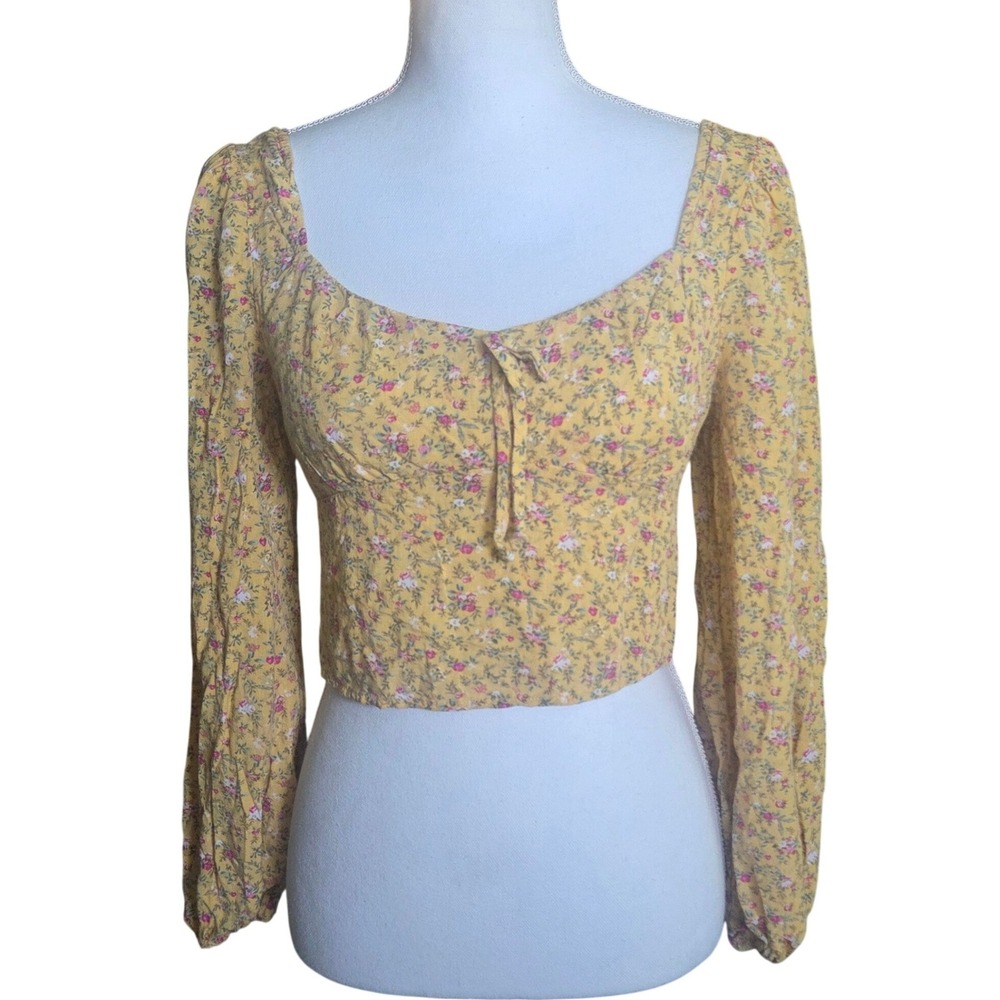 Ditsy Floral Coquette Long Sleeve Smocked Crop Top‎ Boho Peasant Medium Yellow